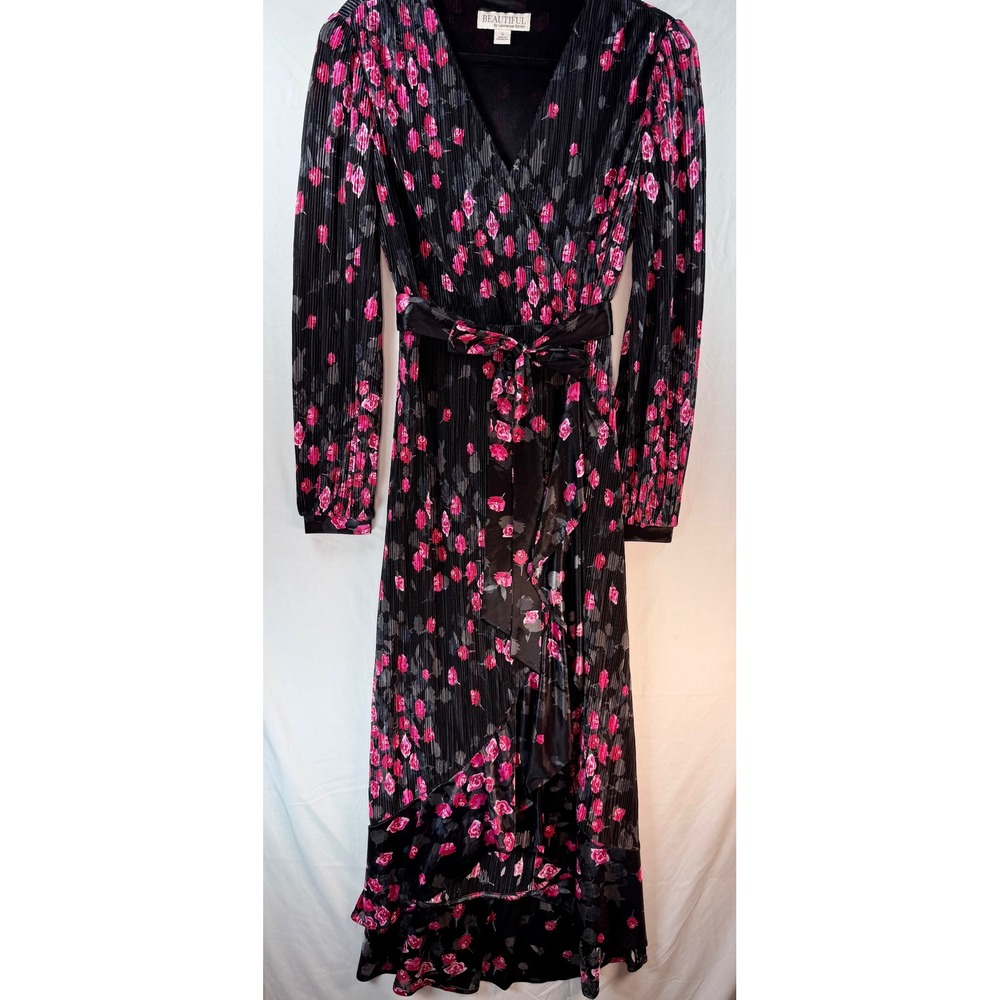 Beautiful by Lawrence Zarian Black Pink Floral Pleated Maxi Faux Wrap Dress S